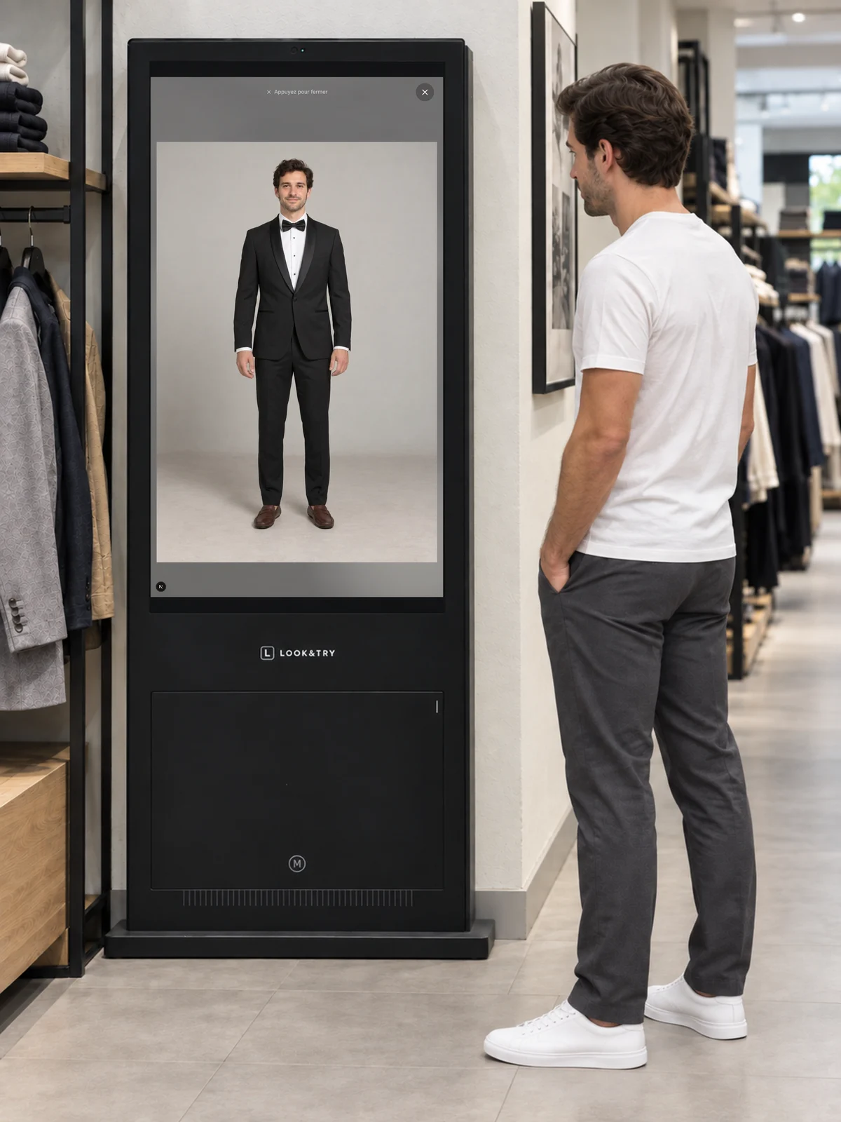 Démonstration Look&Try : un client compose un look costume et chaussures sur le totem. — Voir la tenue en plein écran