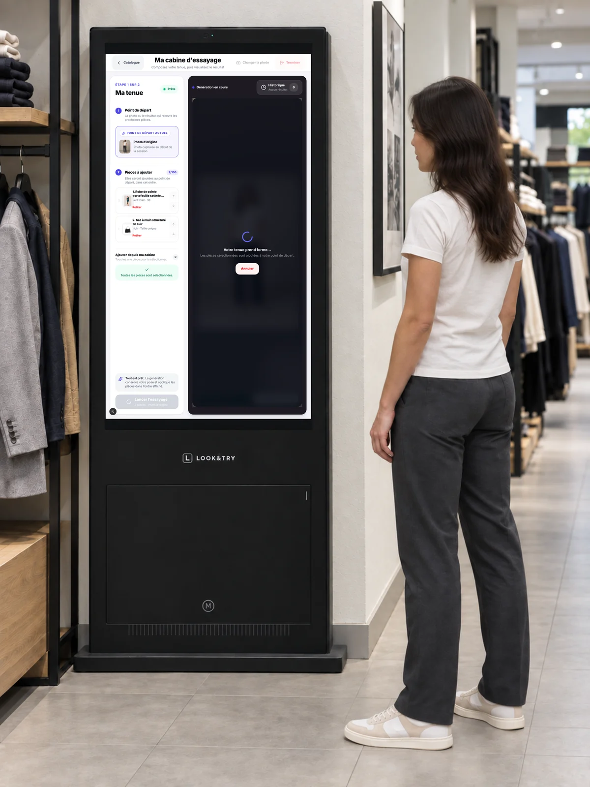 Démonstration Look&Try : une cliente utilise le totem dans une boutique de vêtements. — L’essayage se prépare