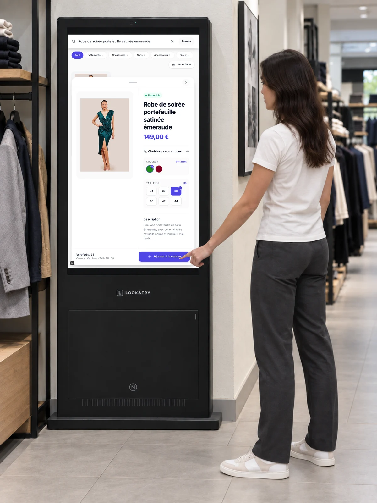 Démonstration Look&Try : une cliente utilise le totem dans une boutique de vêtements. — Choisir ses options